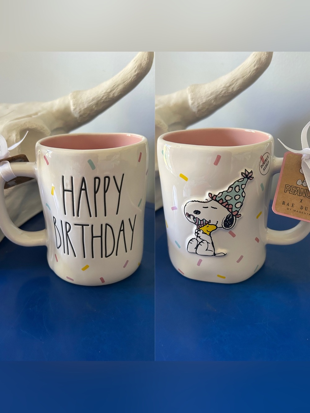 Rae Dunn Peanuts Snoopy Happy Birthday Confetti Double Sided Mug
